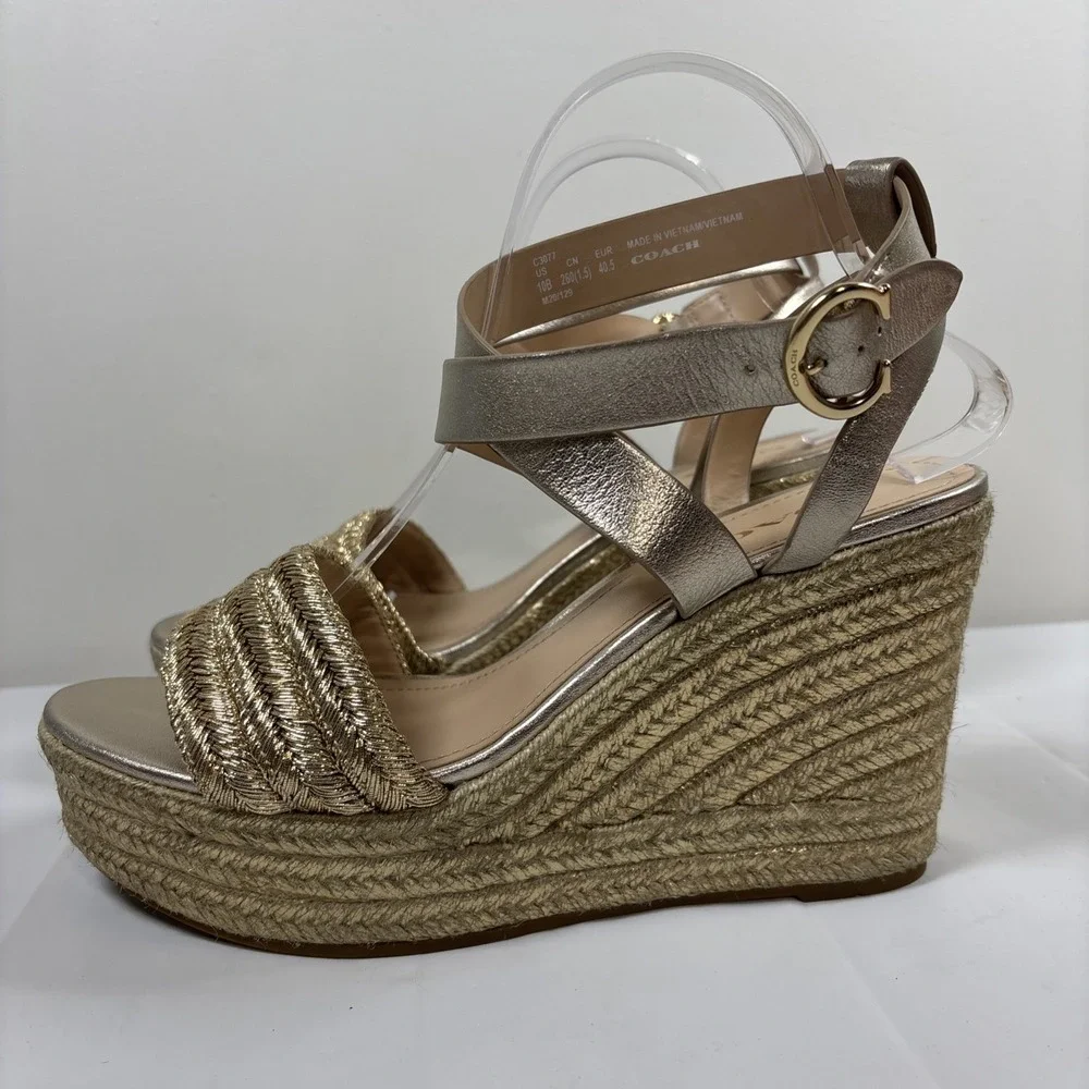 Coach Metallic Gold Braided Espadrille Wedge Sandals